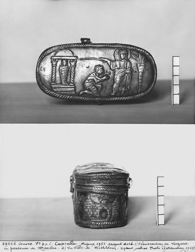 Lid of a pyxide depicting the raising of Lazarus with Christ and Martha (detail) by Paleo Christian